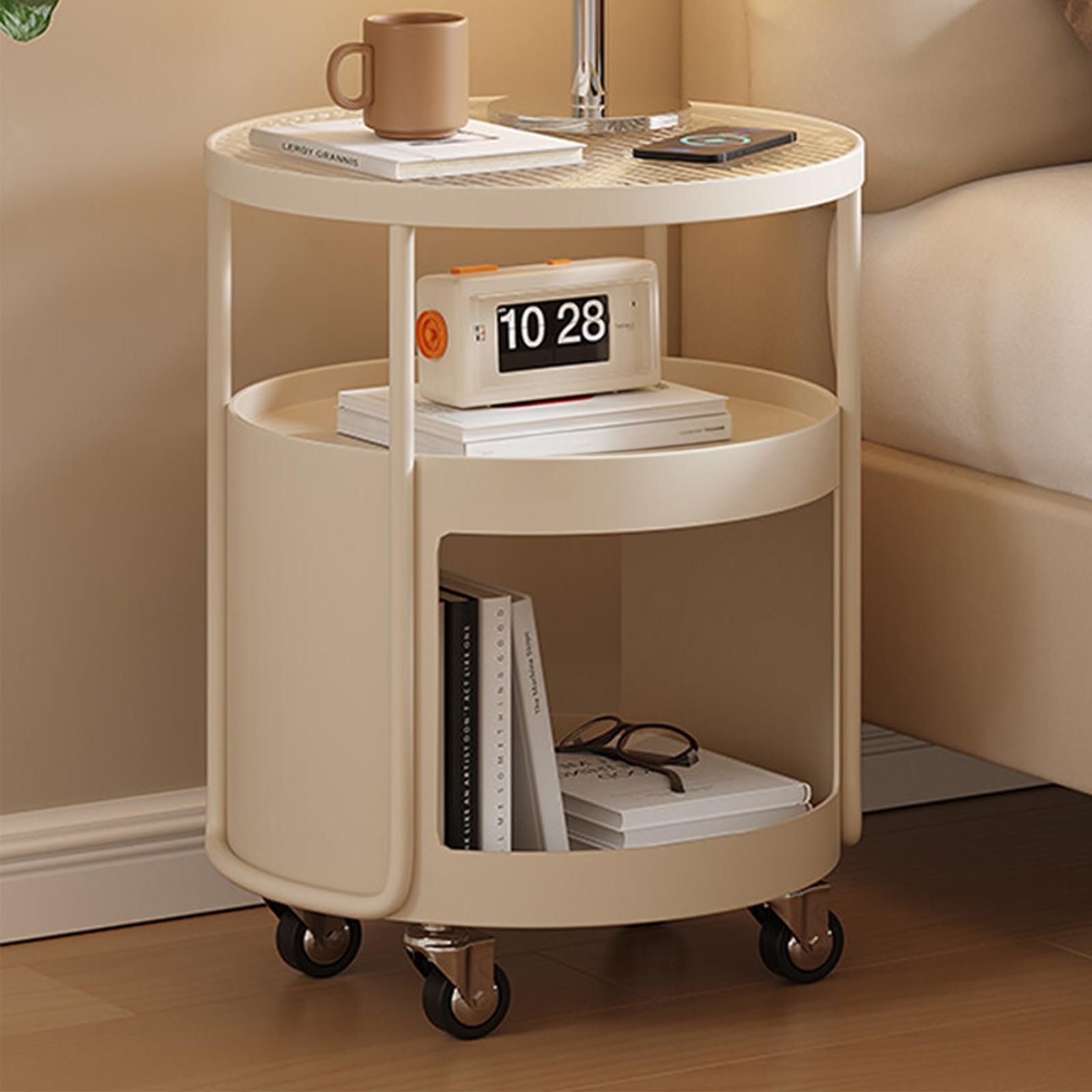 Mesita de Noche Carro de mesita Noche con Cuatro Ruedas, Estructura metálica, Tapa Vidrio for Almacenamiento en Dormitorio Mesas auxiliares(Negro,Pequeño)