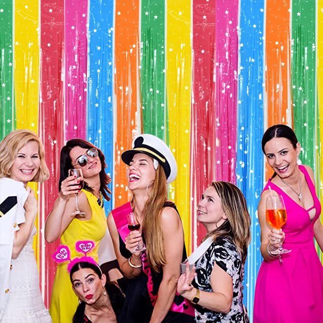 Image of TONIFUL 3Pcs Colorful Door Streamers,Photo Booth Backdrop Metallic Colorful Foil Fringe Curtains for Halloween Birthday,Christmas,New Year,Bachelorette,Grad Party Streamers Decor(9.9ft x 6.6ft)