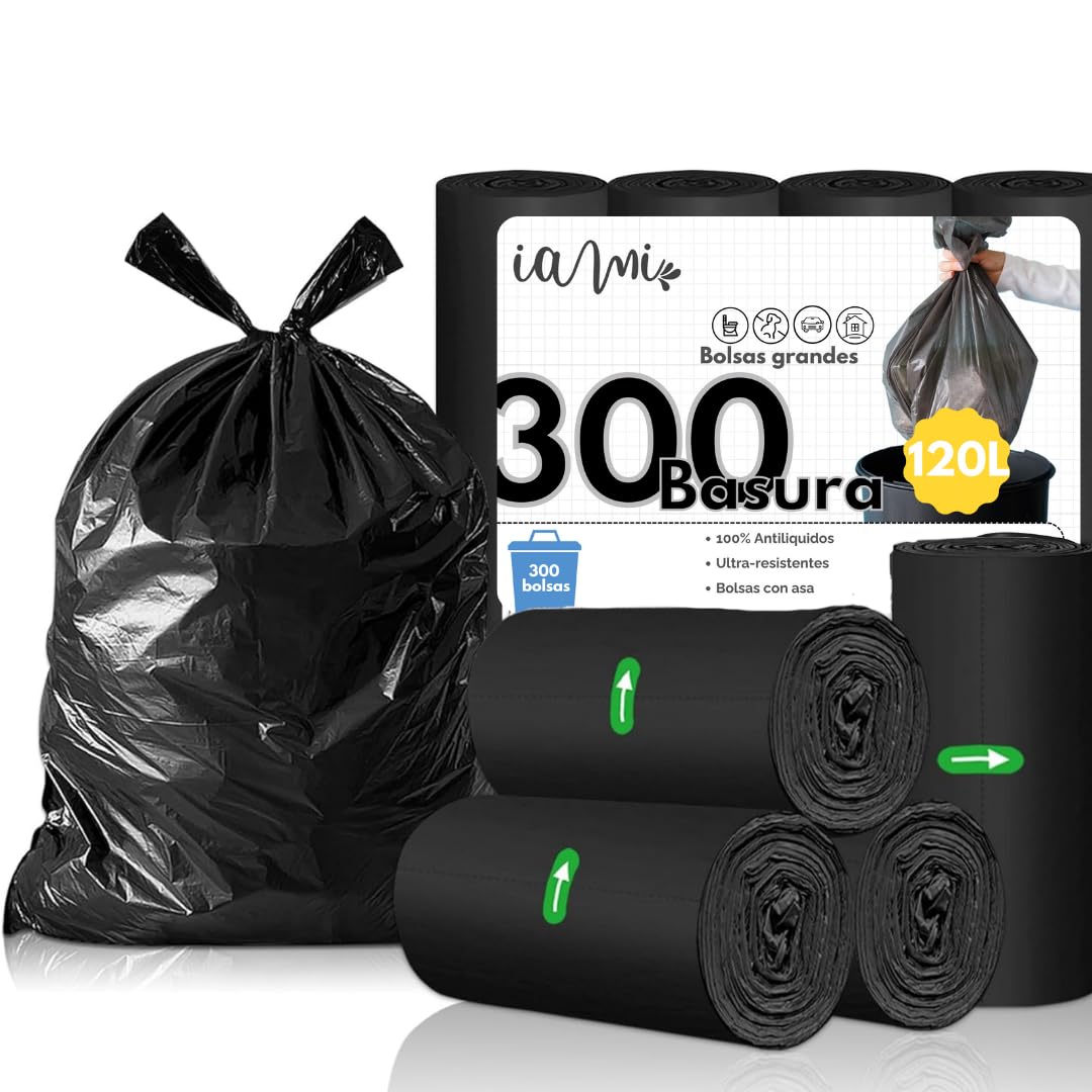 Bolsas de Basura Extra Grandes y Resistentes de 120 Litros - Para Cubo Grande - 85x105 cms - Color Negro (30 Rollos x 10 Bolsas)