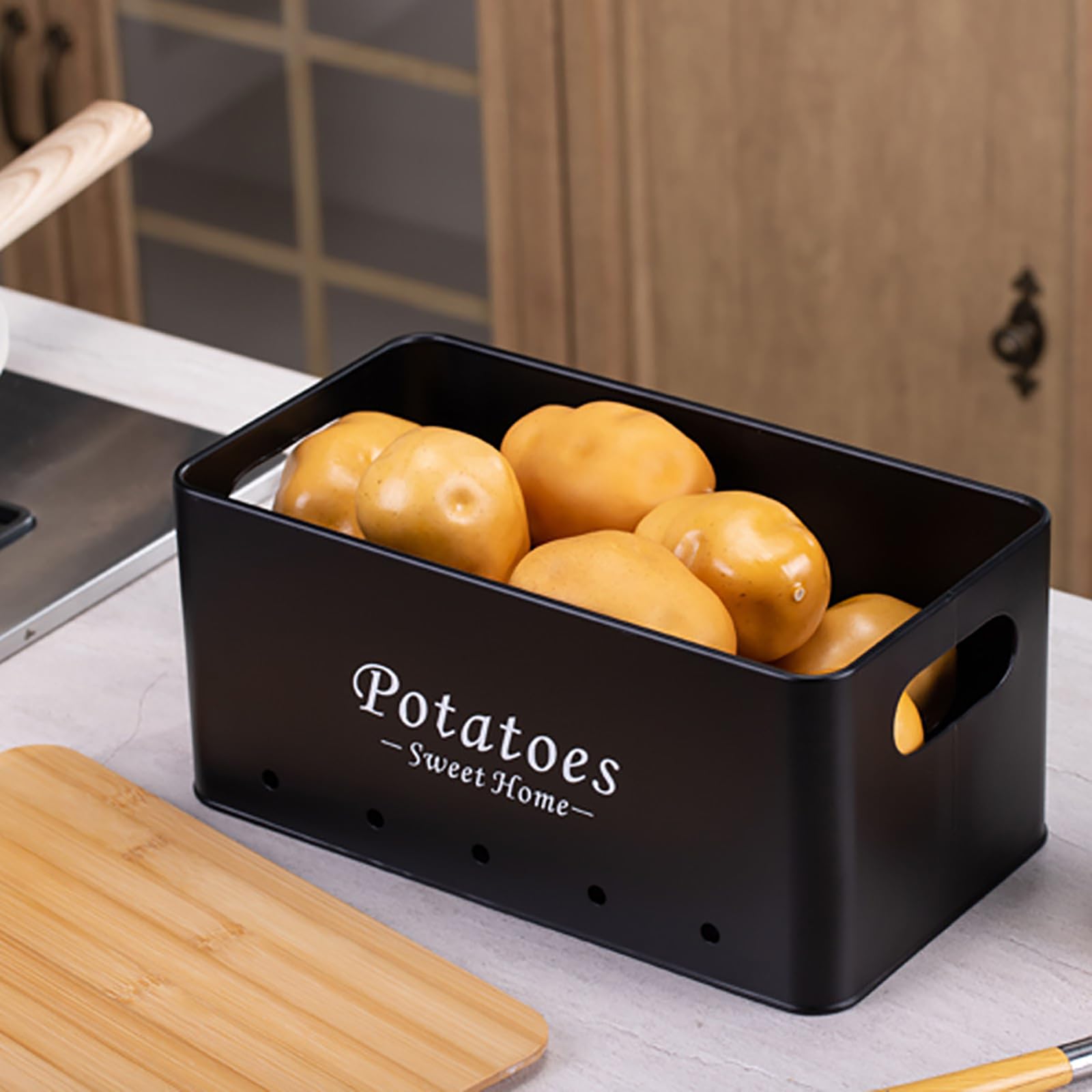 Dekosilave Set 3 Contenitori In Metallo Per Patate, Cipolle E Aglio - Con Fori Di Aerazione E Coperchi In Legno, Grigio