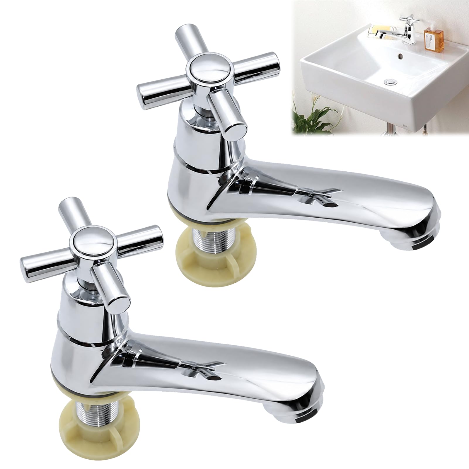 2 pcs Traditional Basin Taps Pair, Bathroom Taps, Solid Brass Tap for Bathroom Basin, Polished Sink Mixer Pillar Tap, Victorian Style Cross Lever Design for Wash Basins