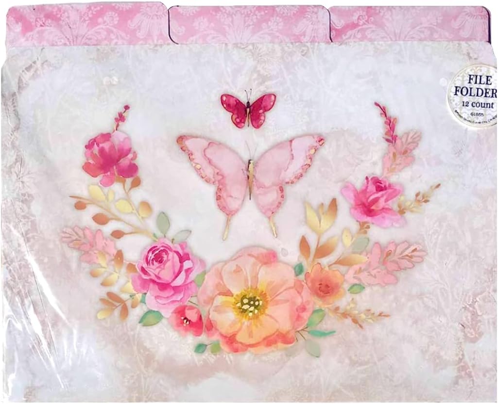 Punch Studio Blush Butterfly Decorative Letter Size File Folders 1/3 Top Tab, (61855), Set of 12