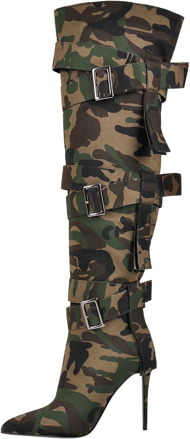 richealnini Women's Thigh High Boots with Straps Canvas Stiletto Heel Sexy Pointed Toe Party Riding Boots