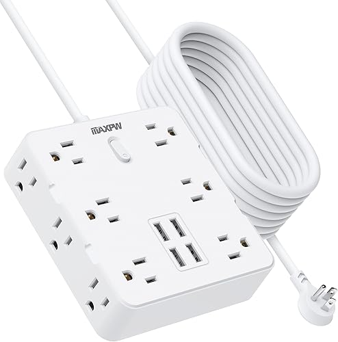 Miniatura 9 de Maxpw - Cable de extensión de enchufe plano de 5 pies con 12 salidas y 4 puertos USB, 2100 julios, montaje en pared, estación de carga de escritorio