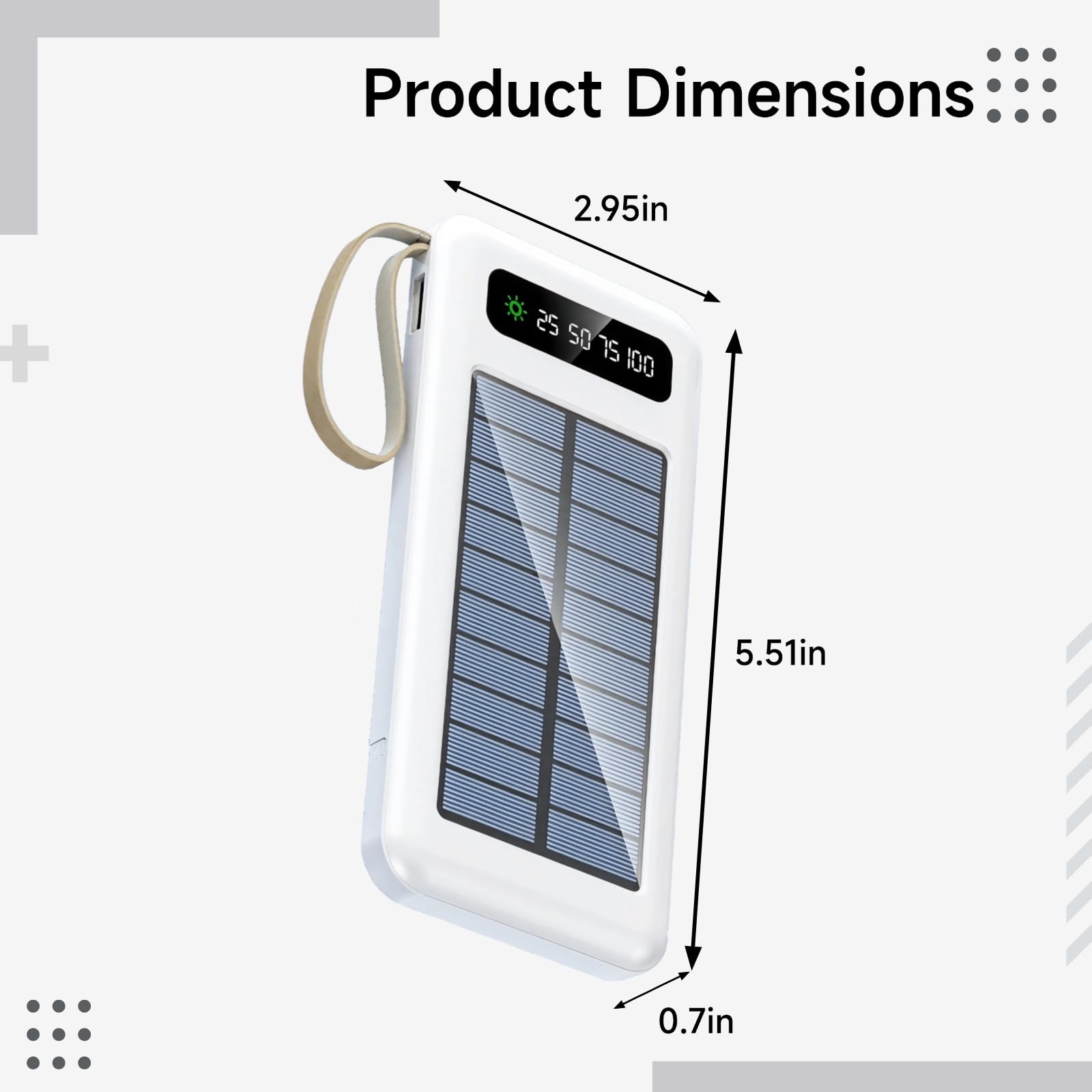 Caricatore solare da esterno da 20000 mAh, power bank di grande capacità con indicatore LED, torcia, cavi integrati, porte bianche per dispositivi multipli, certificato Fcc CE