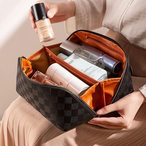 Miniatura 4 de Bolsa de maquillaje a cuadros de gran capacidad, portátil, bolsa de cosméticos de viaje, bolsa de aseo abierta y plana para mujeres y niñas,