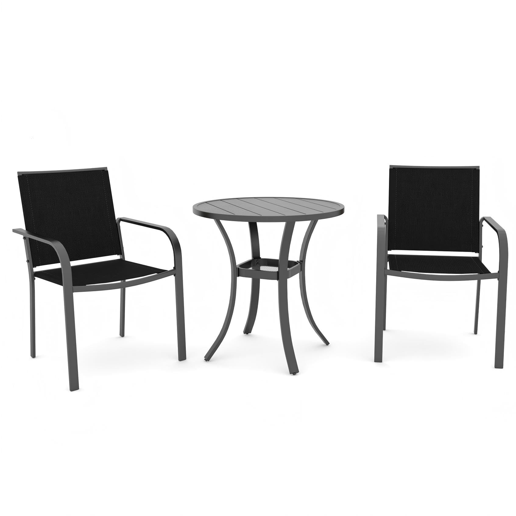 Anmutig 3 Piece Outdoor Bistro Set, 27.5" Round Metal Table, Black Chairs