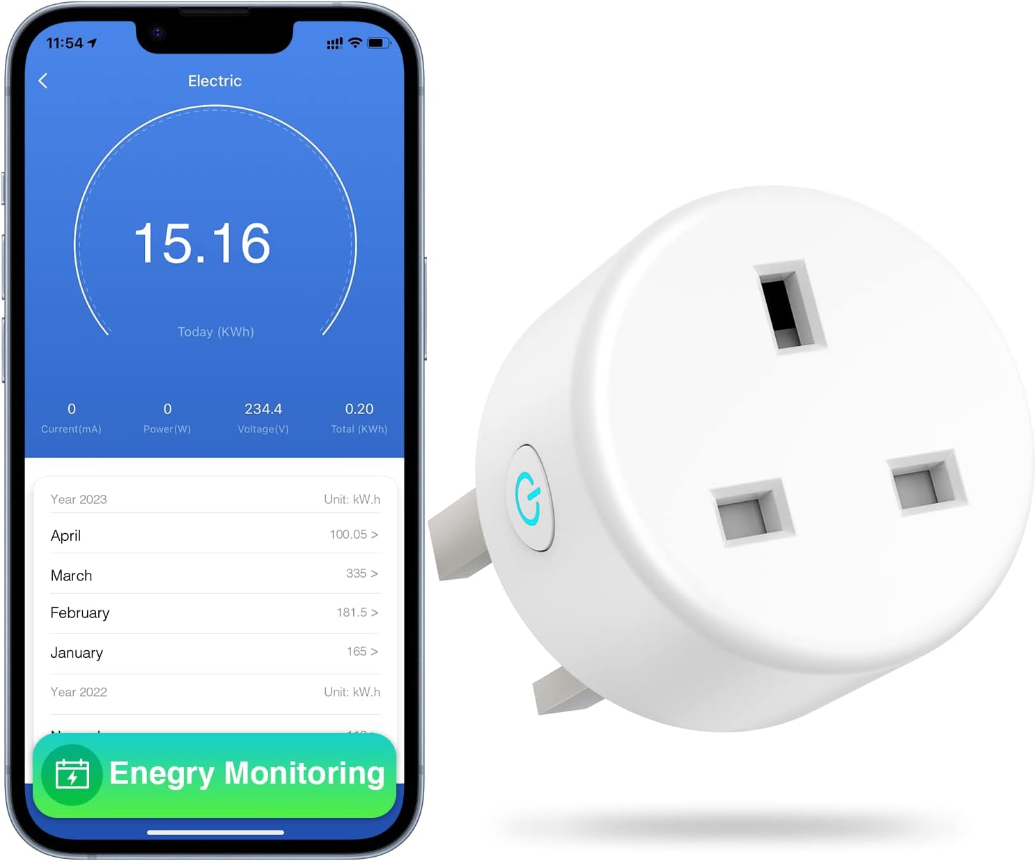 GHome Smart Plug with Energy Monitoring, 13A WiFi Plug Works with Alexa and Google Home, Alexa Wifi Plug with APP Control,Timer Function, No Hub Required, 2.4GHz ONLY, 1 Pack