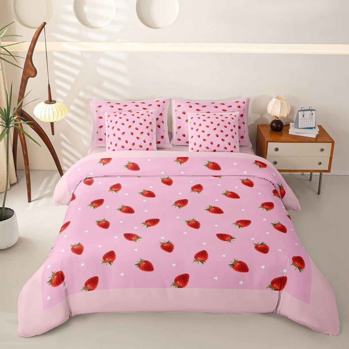 Loussiesd Juego de funda de edredón de 7 piezas con estampado de fresas kawaii, tamaño doble, juego de ropa de cama completo con funda de edredón, sábanas, fundas de almohada y fundas de cojín