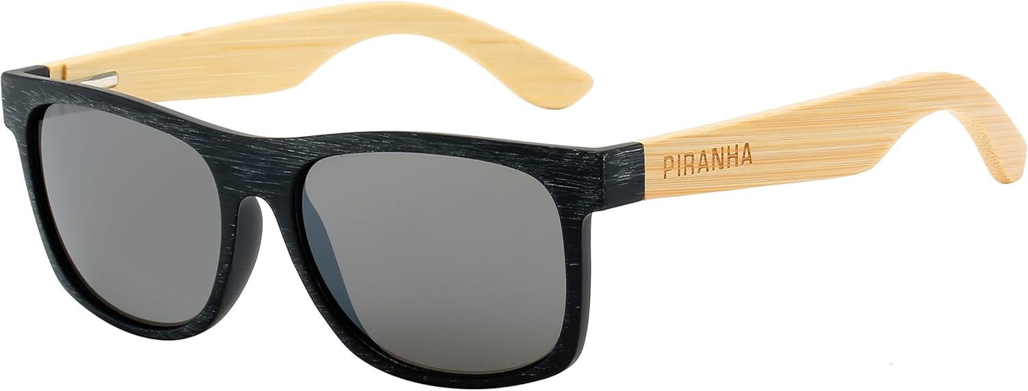 Piranha Eyewear Booker Classic Square Black Frame Bamboo Sunglasses with Smoke Lens