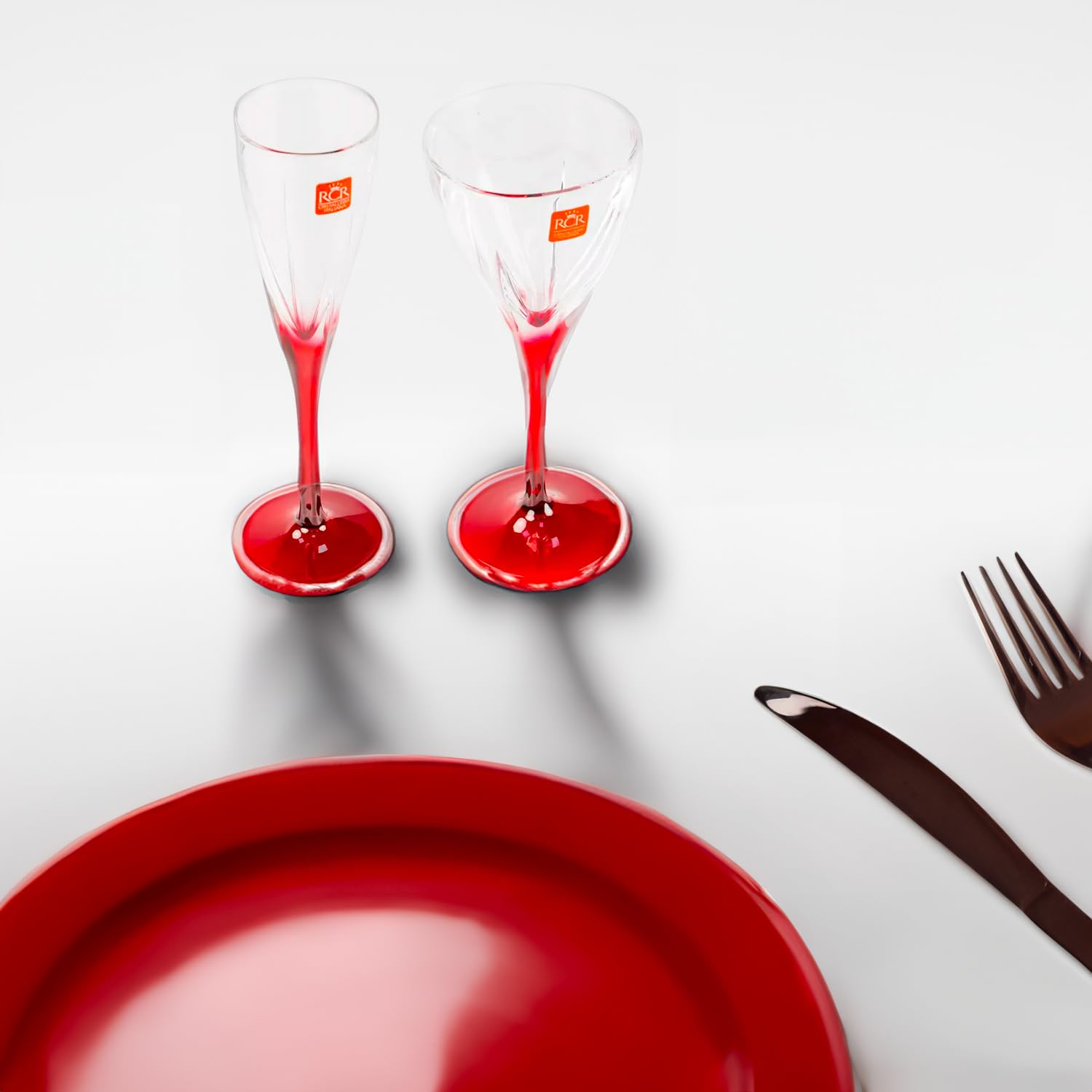 Avilia Set Bicchieri 18 Pezzi - 6 Calici da Vino, 6 Flute Champagne, 6 Bicchieri Acqua, Vetro Trasparente con Dettagli Rossi, Elegante e ideale per Cenoni di Natale e Capodanno