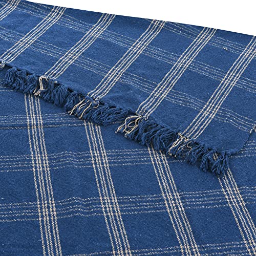Image of Creative Co-Op Recycled Cotton Blend Throw Blanket with Fringe, Blue Plaid (Pack of 4)