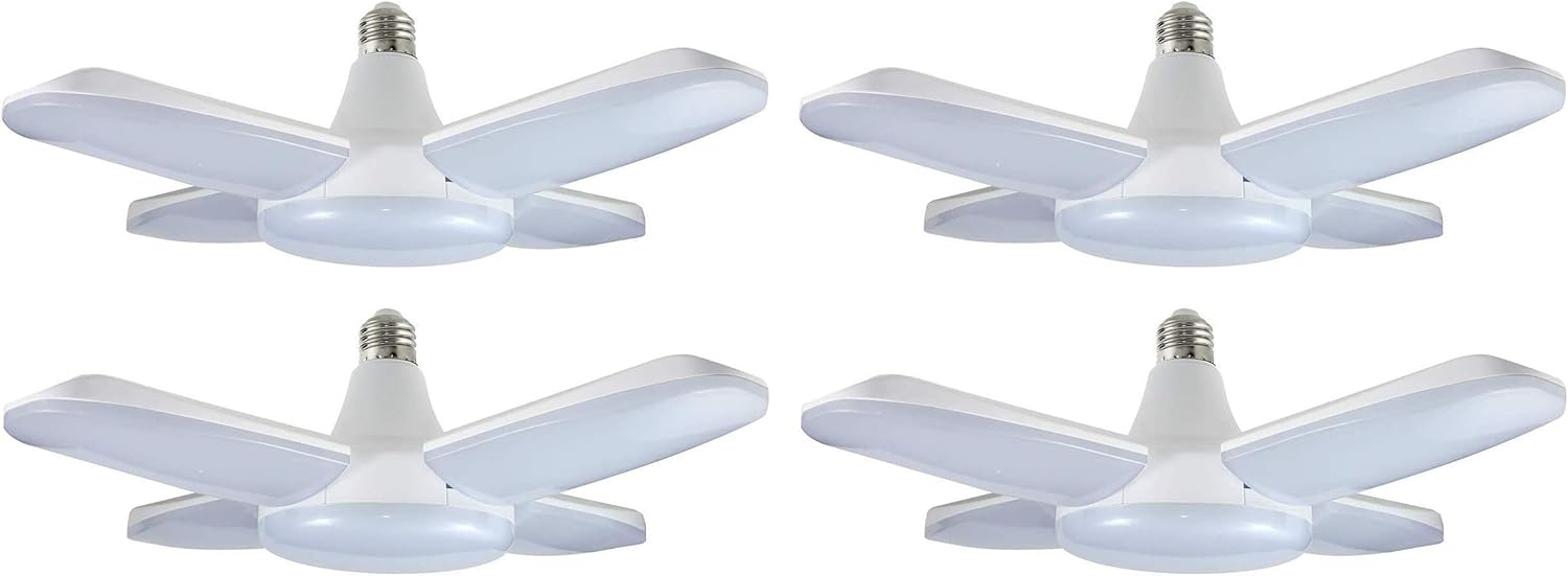 YYT LED Garage Light 4Pack 60W E26/27 6000LM Deformable Ceiling Trilights LED Lights 6500K Daylight White Garage LED Bulb with 4 Adjustable LED Panels, Bay Lights for Warehouse Workshop Basement Barn
