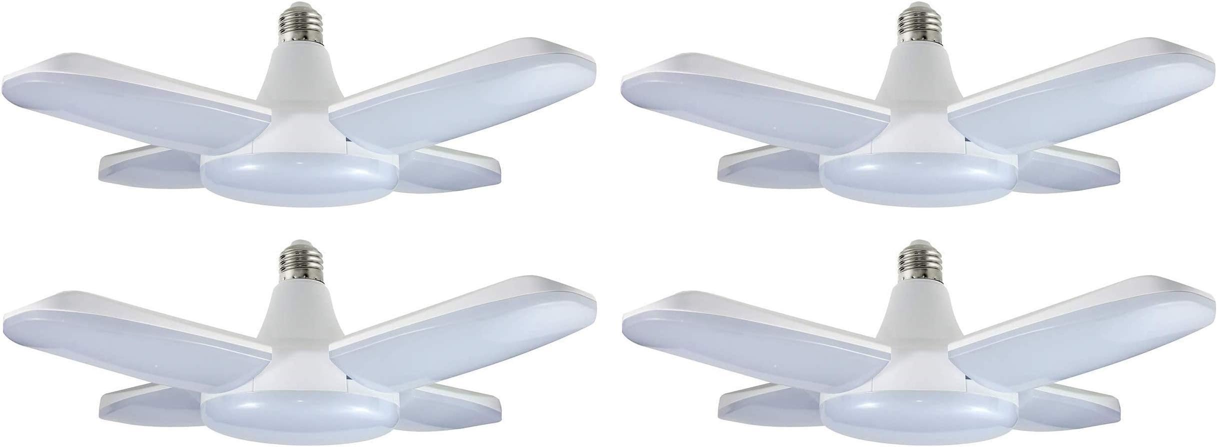 YYT LED Garage Light 4Pack 60W E26/27 6000LM Deformable Ceiling Trilights LED Lights 6500K Daylight White Garage LED Bulb with 4 Adjustable LED Panels, Bay Lights for Warehouse Workshop Basement Barn