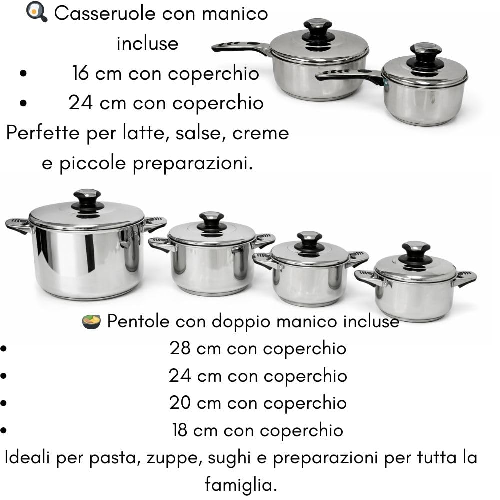 Batteria di Pentole 12 Pezzi in Acciaio Inox con Coperchio e Termostato - Adatte a Tutti i Piani Cottura