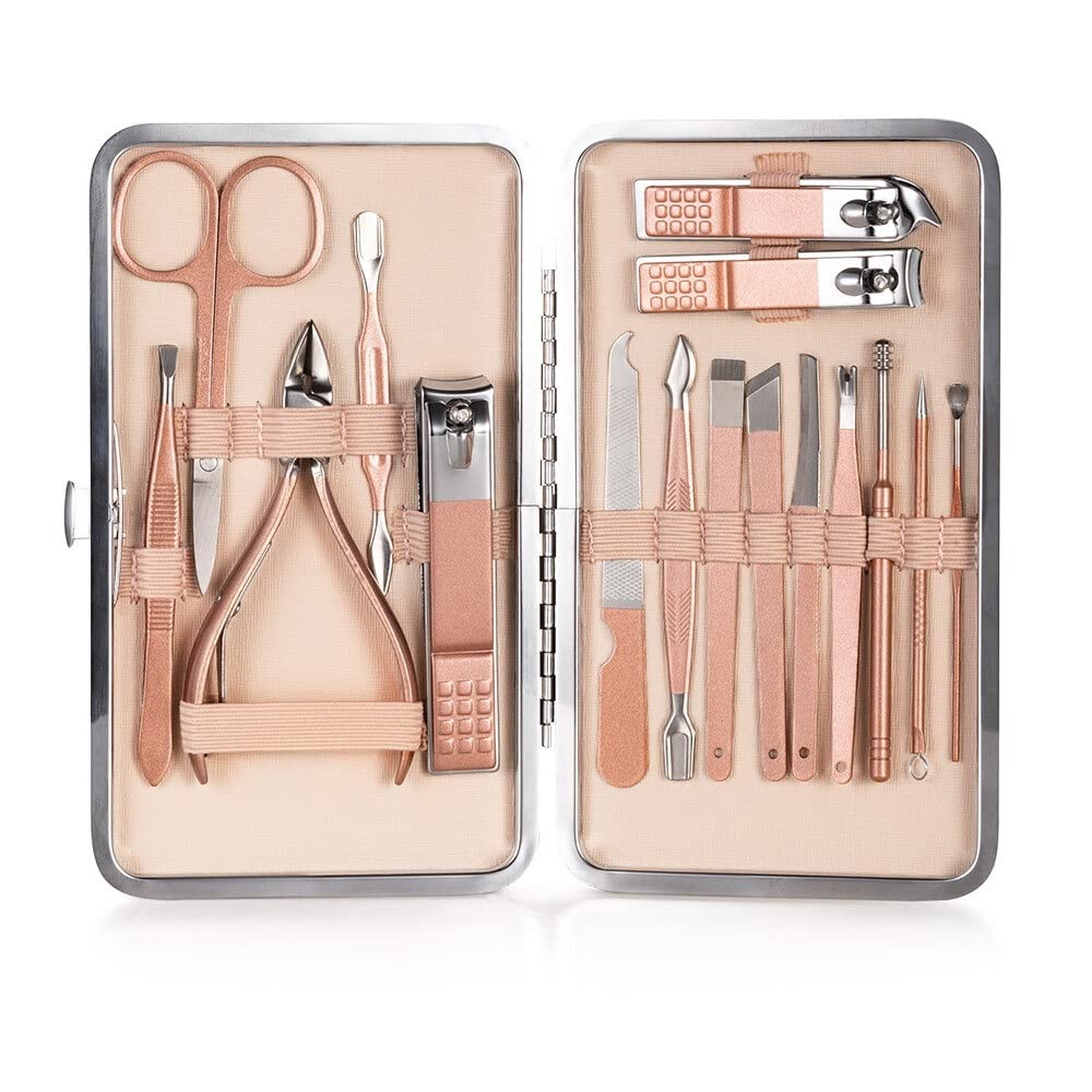 Ciseaux de pédicure rose 16 pièces en acier inoxydable pour soin des ongles