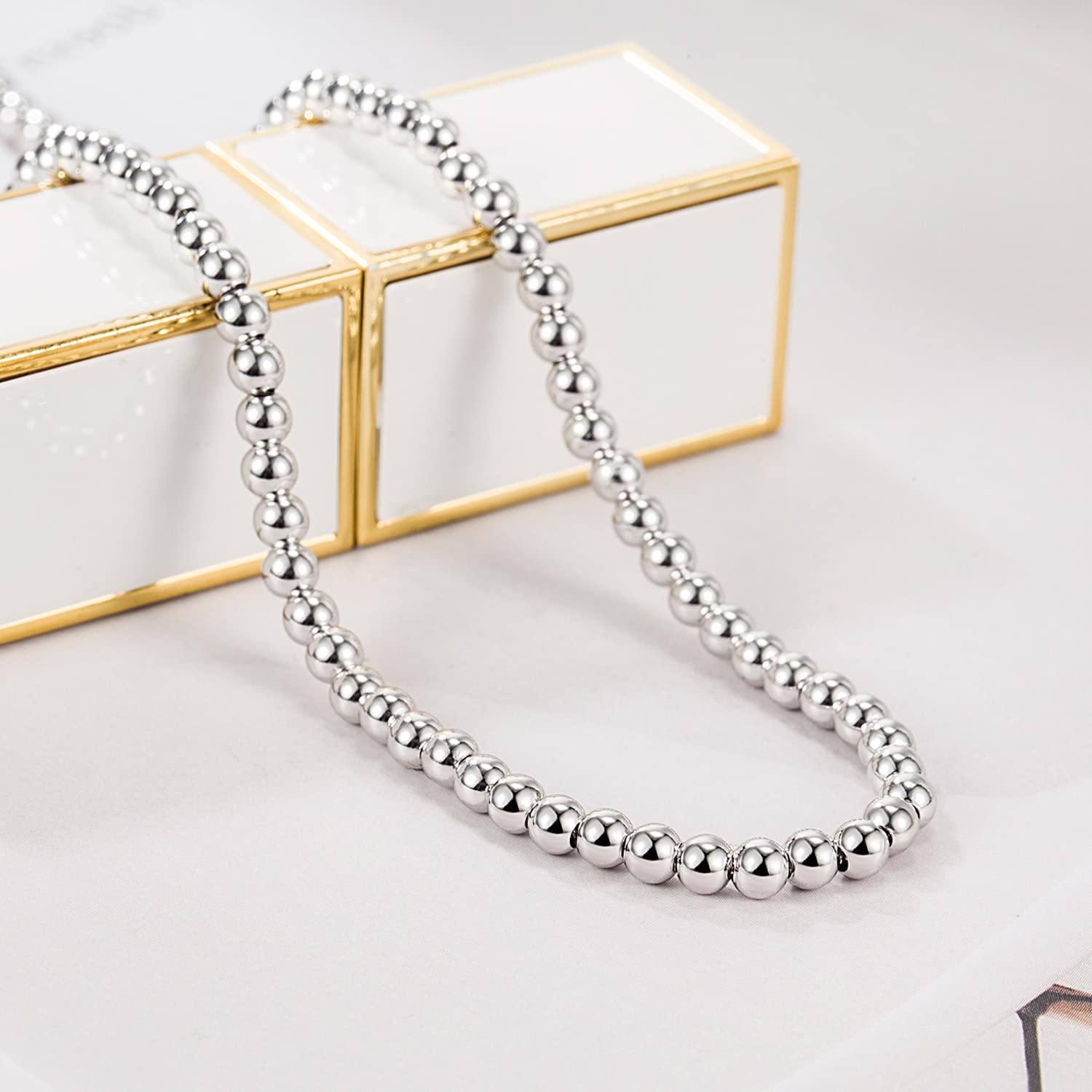 Dankadi Collana di perle in argento 925 largo 4 mm, 6 mm, senza e con ciondolo a forma di campanello, 18-32"/45-81 cm, collana di palline dorate, regalo per donna uomo