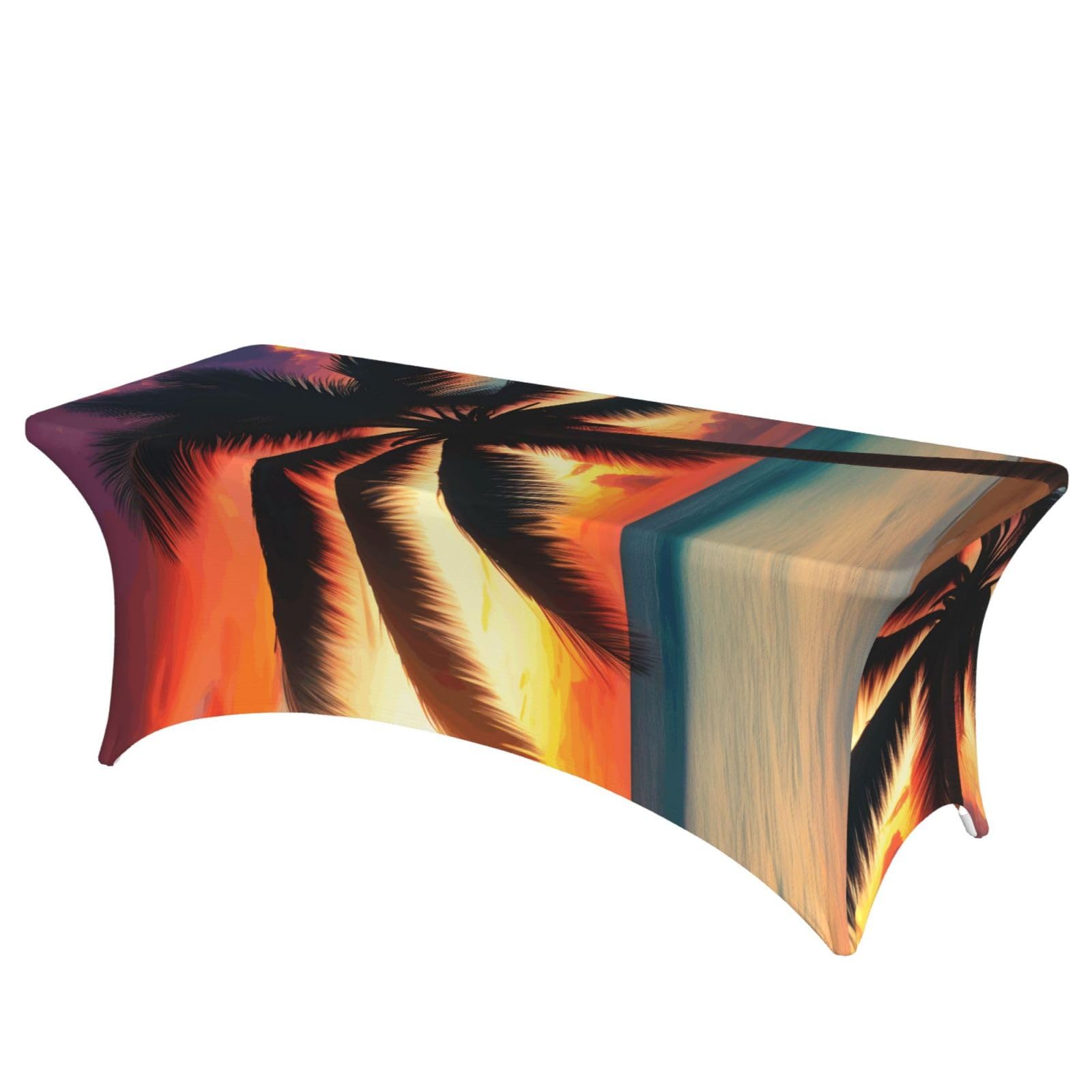 NImongt Tropical Beach Palm Tree Sunset Print Elastic Rectangular Tablecloth Holidays Family Banquet Wedding Party Table Cover