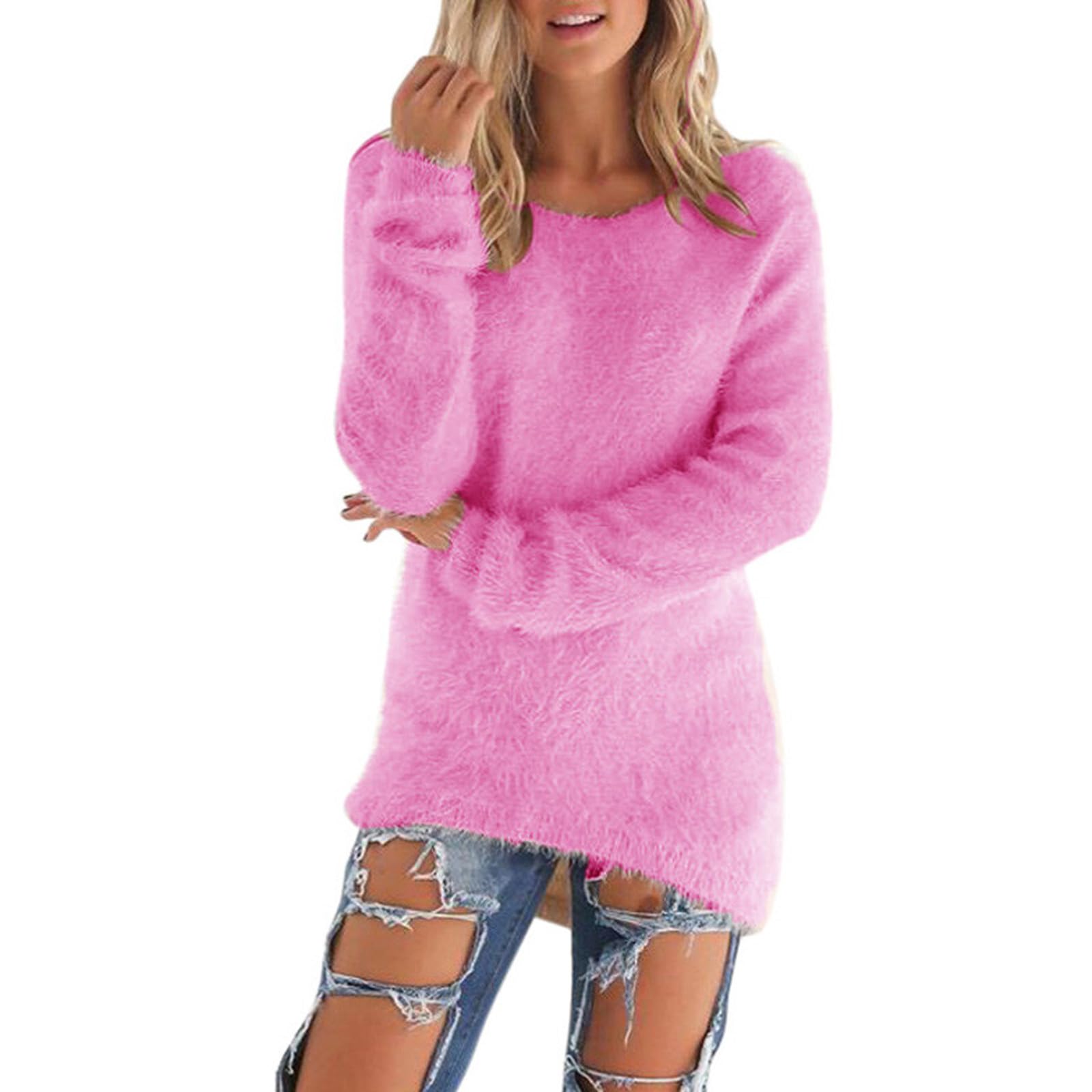 Warm Fuzzy Tops for Women Casual Crew Neck Long Sleeve Blouse Solid Color Thermal Thick Tees Winter Comfy Pullovers Hot Pink
