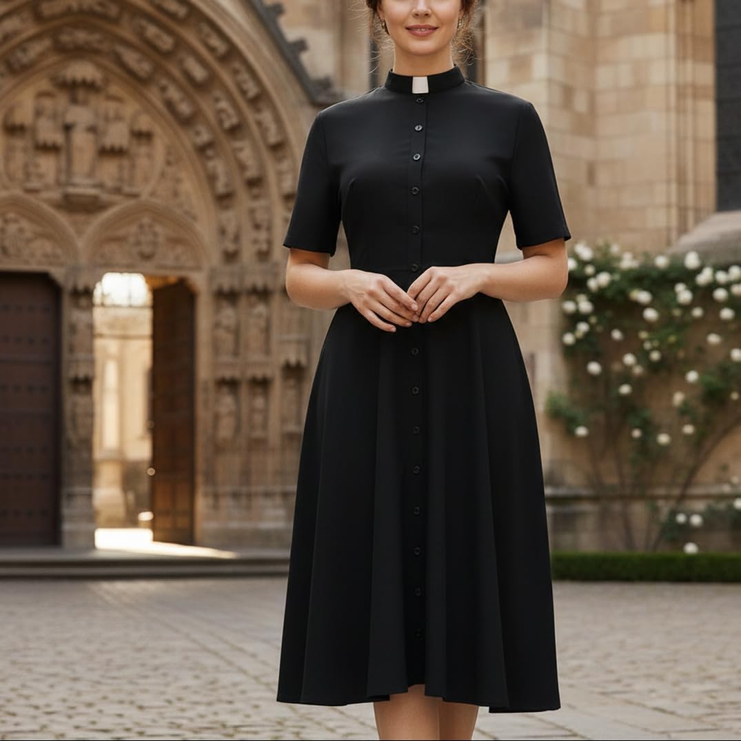 FAD-4U Church Clergy Dress for Women Short Sleeve Rows Buttons A Line Dress with Tab Collar