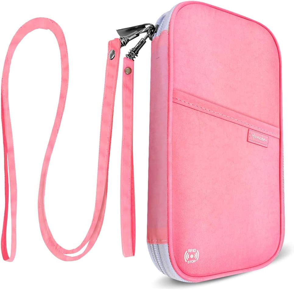 RFID Blocking Travel Passport Wallet Holder, Document Organiser Case Credit Card Holders for Men and Women (Large Pink-RFID)