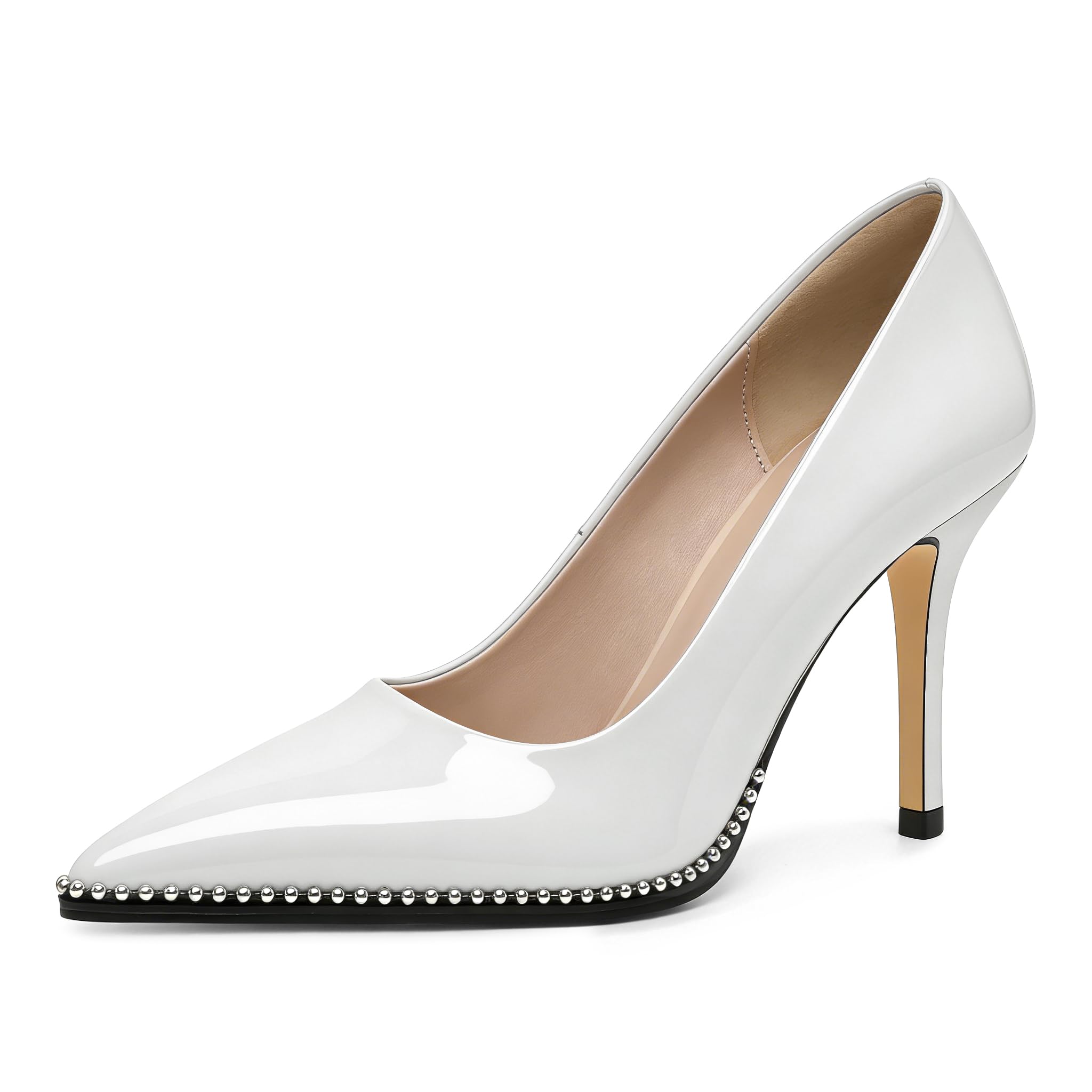 SAMMITOP Women Beaded Pumps Closed Pointed Toe High Heel Slip On Stilettos 3.5 Inch Sexy Heeled Dress Shoes Patent Leather