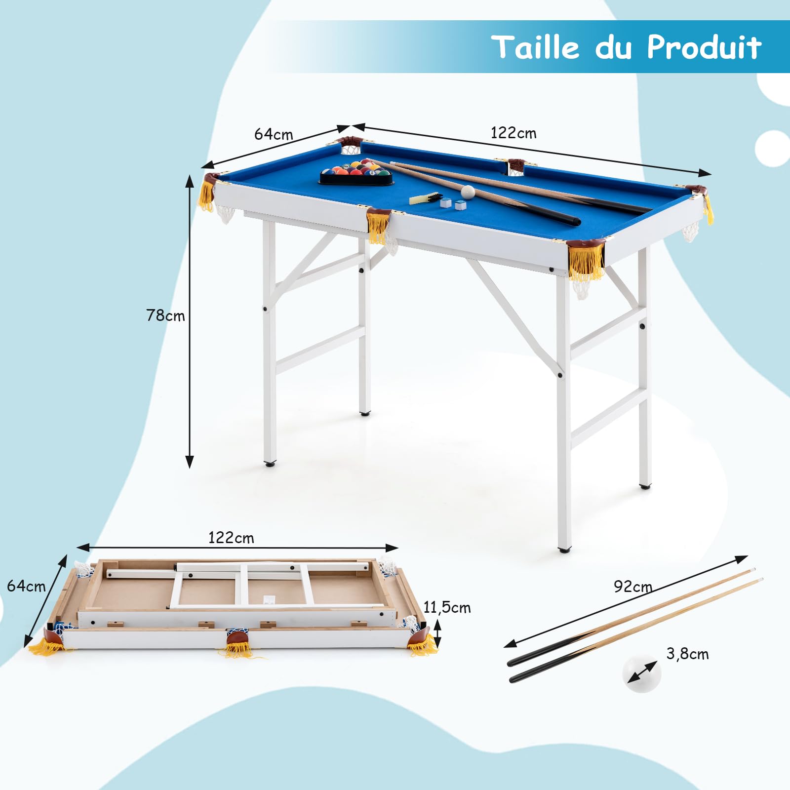GOPLUS Table de Billard Portable de 122 cm, Mini-Billard avec Pieds Pliables, Jeu d'Arcade d'Intérieur avec 16 Boules, 2 Queues, 2 Craies, 1 Pinceau et 1 Triangle pour Enfants et Adultes