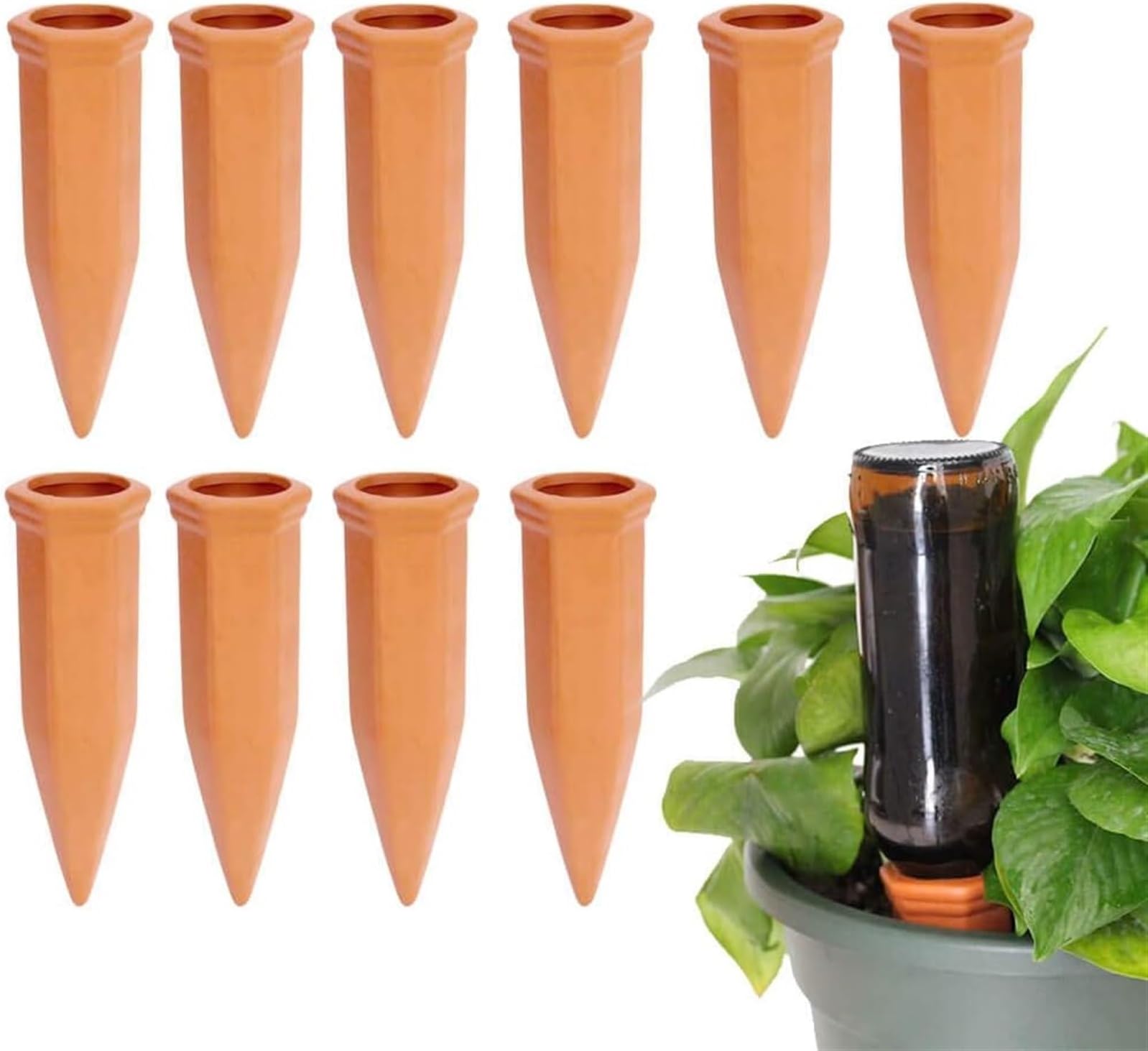 THE WHITE SHOP 10pcs Terracotta Watering Spikes - Automatic Self Watering Stakes, Plant Watering Devices for Wine Bottles Recycled Bottles, Clay Plant Garden Waterers for Vacations