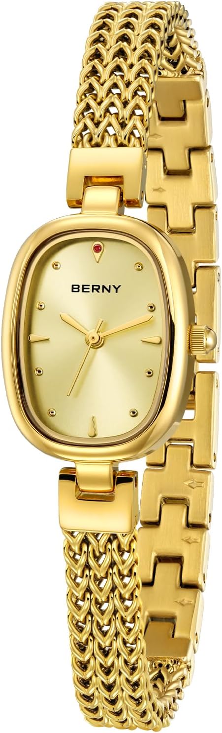 BERNY Small Gold Watches for Women Waterproof Dainty Women's Wrist Watch Vintage Ladies Analog Quartz Watches for Small Wrists Stainless Steel Sunray Dial Luxury Birthday Present