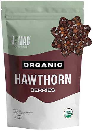 J Mac Botanicals, Organic Dried Hawthorn Berries Whole (4 oz) Hawthorn berry from Eastern Europe, certified Organic hawthorn berry tea, Hawthorne berries bulk resealable bag, Dried Hawthorn berries