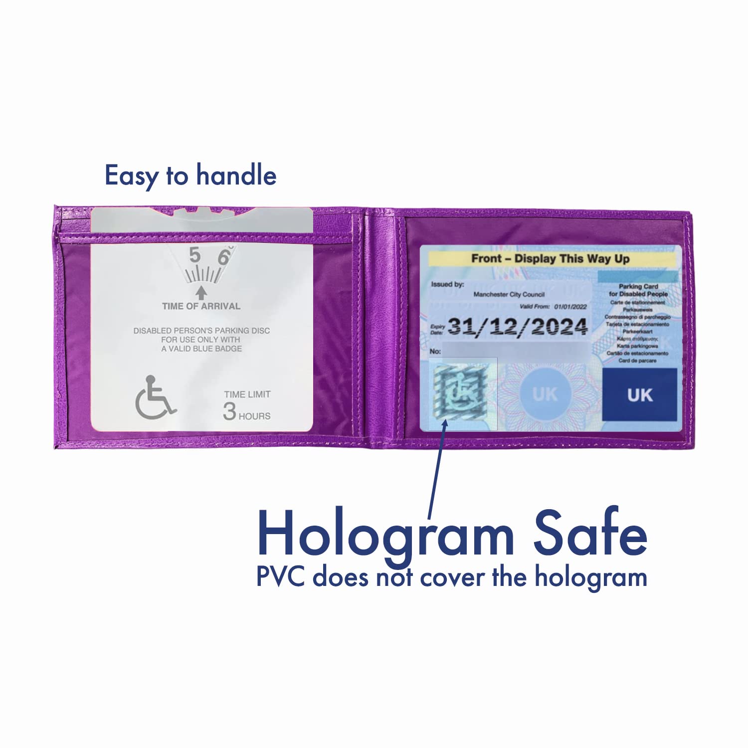 Woodland Leather Disabled Badge and Timer Holder, PU Leather Blue Badge Holder Wallet Protector for Car Hologram Safe (Purple), (1495) - Image 3