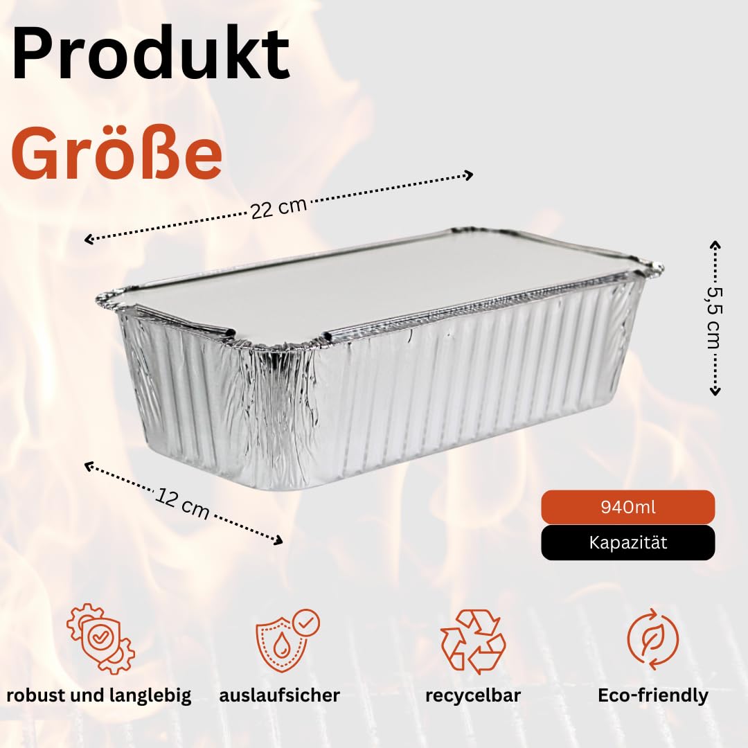 Enpack Aluschale R14/901L - Aluschalen mit Deckel 22x12x5,5 cm - Menüschale - 940 ml Füllmenge - Form für Lebensmittel - Grillschalen - Einwegverpackungen - Einmalbehälter für Pasta (100, mit Deckel)