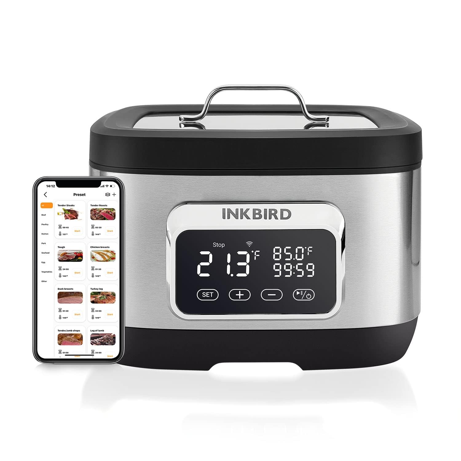 INKBIRD ISV-500W WiFi Cuiseur Sous Vide, Sous Vide Cooker avec Grille| Chauffage Rapide à Circulation d'eau Électromagnétique 3D, avec Recettes Prédéfinies par APP, 700W, Ultra-Silencieux, Inox, 8L