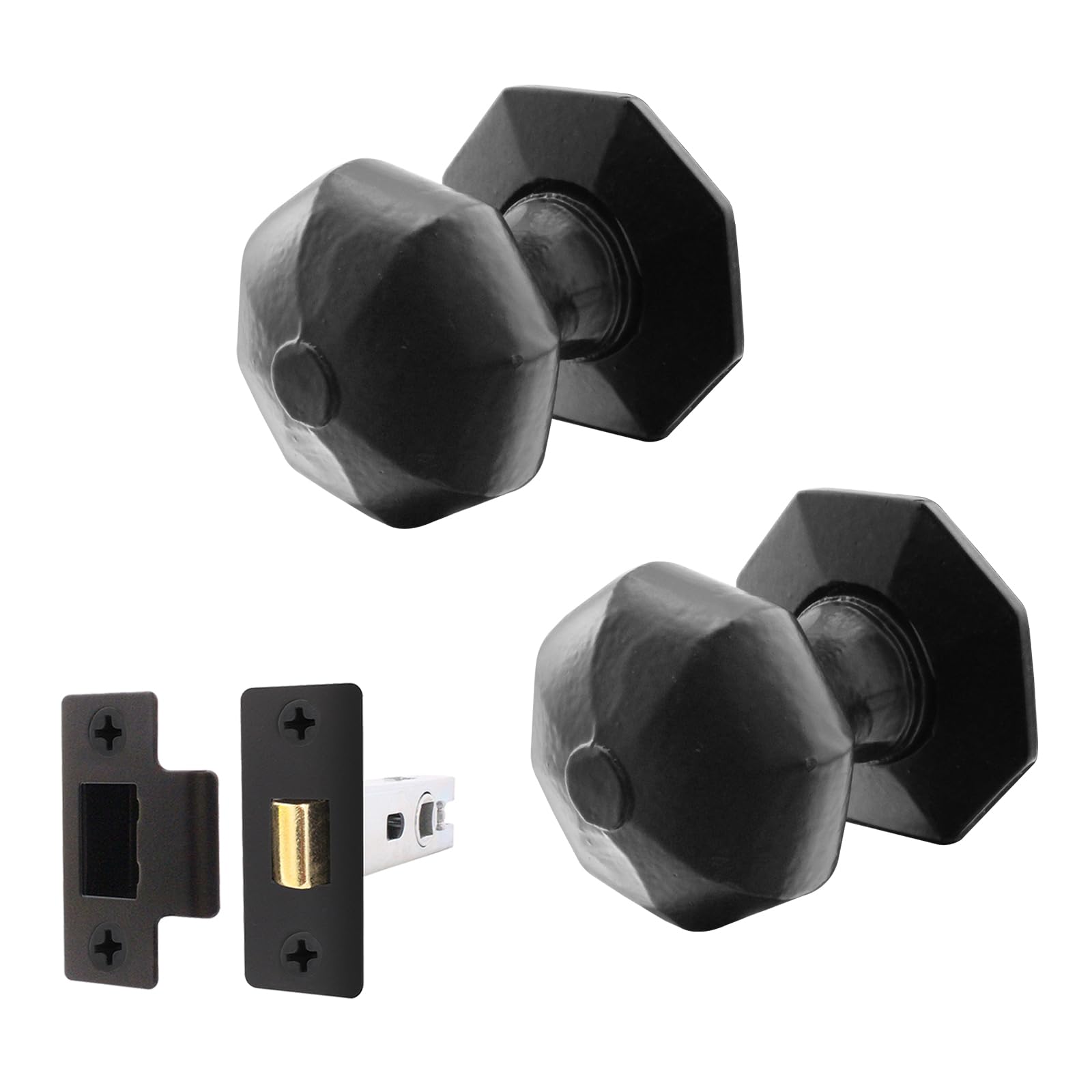 Eai Black Iron Door Knob Set - 1 Pair Of Cast Iron Antique Octagonal Mortice Knobs & Latch (76Mm)