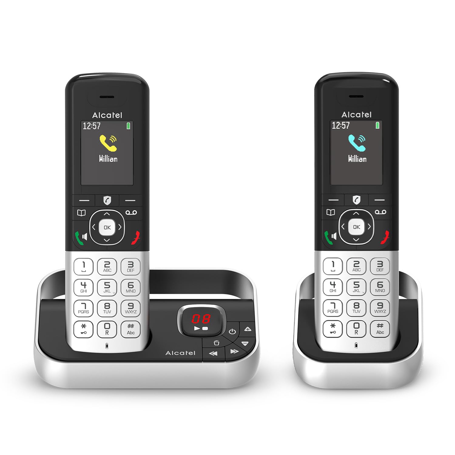 ALCATEL FX990 Voice Duo - Telefono cordless DECT con segreteria da 50 minuti - Schermo grafico a colori alta risoluzione - Vivavoce - Blocco chiamate - Suonerie VIP - 2 portatili - Nero/Grigio