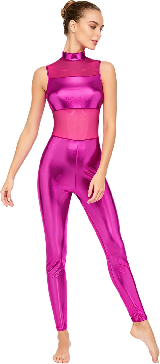 Dance Leotards for Women Shiny Metallic Unitard Workout Rompers Dancewear Spandex Body Suit Clubwear