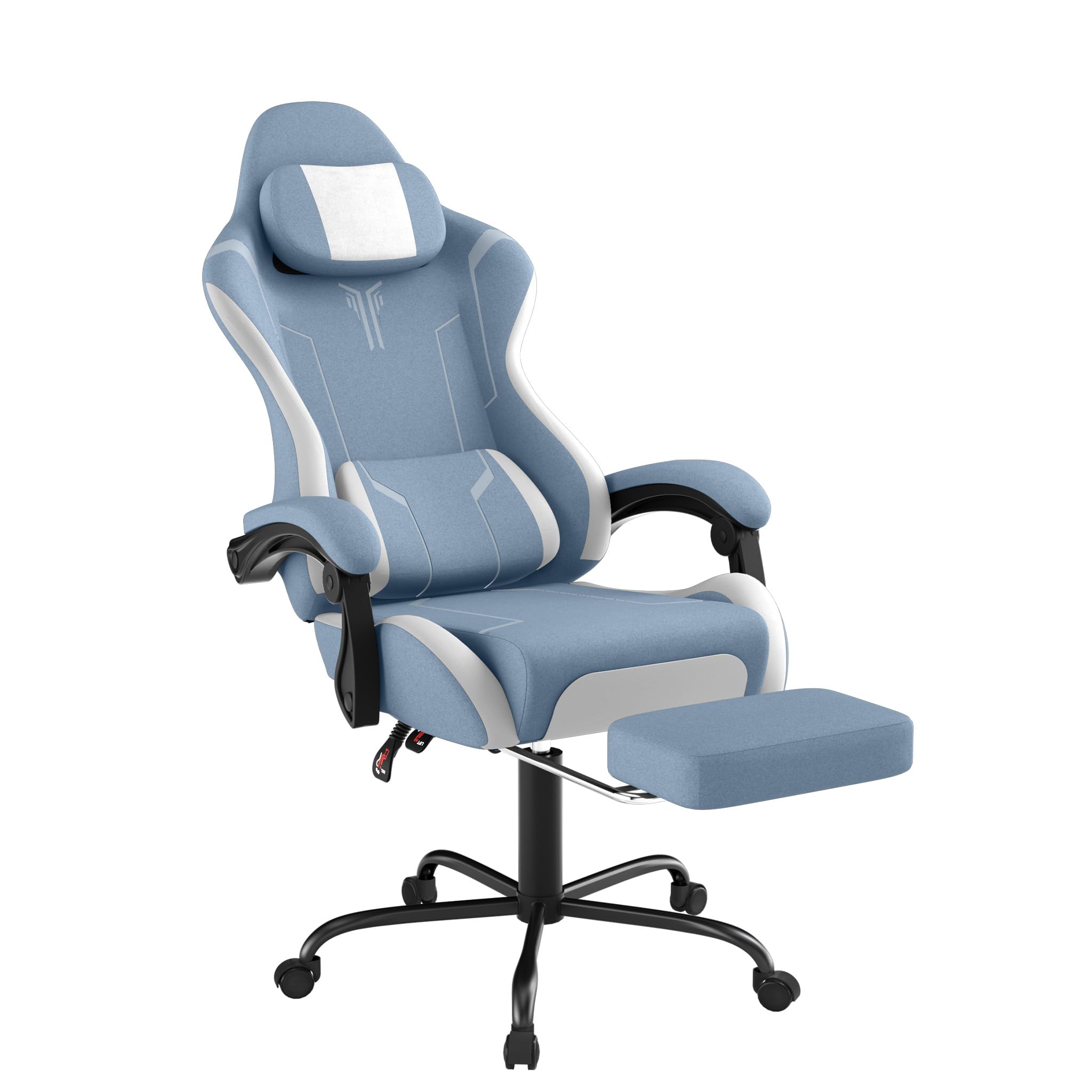 Silla de gaming con masaje de vibración y reposapiés, silla ergonómica con cojín, reposabrazos, silla de oficina, hasta 135 kg, altura regulable, tela de terciopelo azul