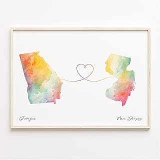 Georgia to New Jersey watercolor map poster, travel wall art print for moving away gift, state outline art, home decor