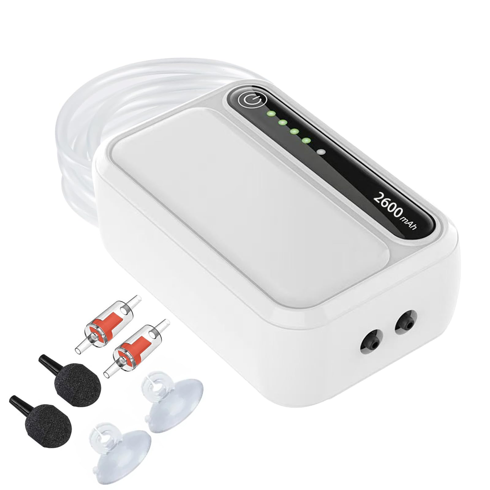 Wiederaufladbare Aquarium Luftpumpe,2600mAh Batterie Sehr Leise Sauerstoffpumpe,Multifunktionale Aquariumpumpe mit komplett Zubehör für Angeln im Freien/Aquarium/Stromausfall (Doppel Auslass)