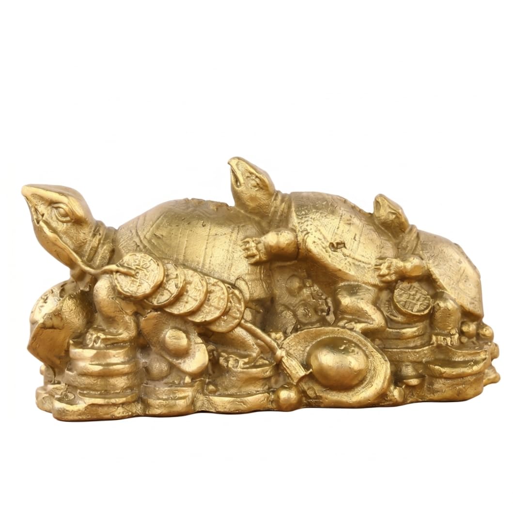 Neptuiby Pyrite Turtle, Three-generation Turtle Statue, Brass Figurines Feng Shui Decor, Gold, 4.21 Inch (10.7cm).