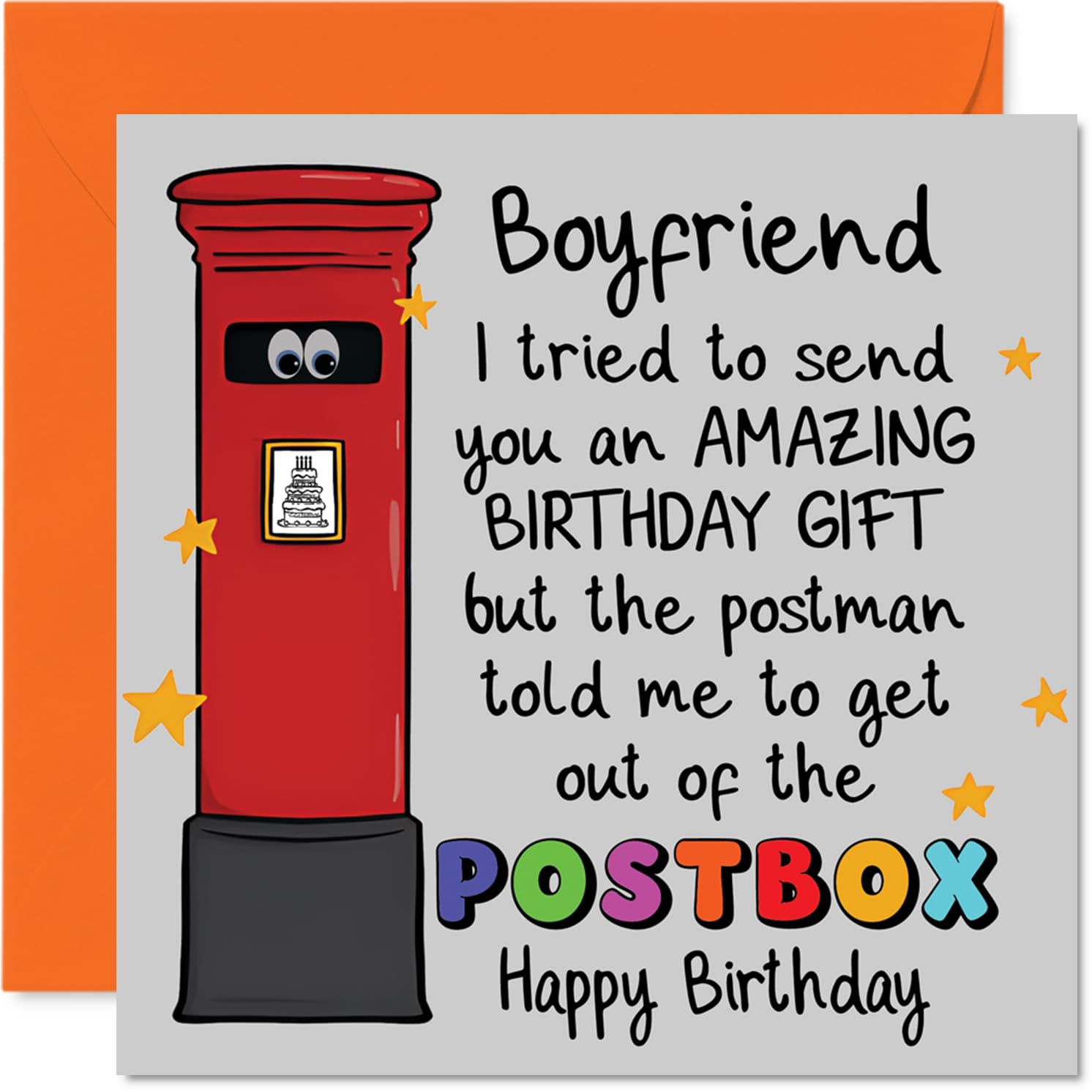 Funny Birthday Card for Boyfriend - Birthday Giggles Guaranteed - Cartoon Postbox with Googly Eyes & Playful Stars - 145mm Square, Envelope Included