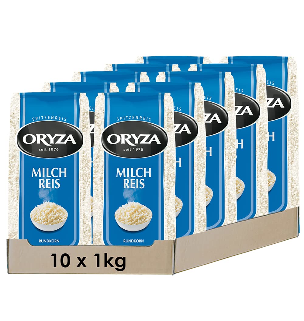 ORYZA Milch Reis 1 kg, 10er Pack (10 x 1kg), Rundkorn-Reis aus Europa, Reis-Pudding, Dessert, vegan, von Natur aus glutenfrei