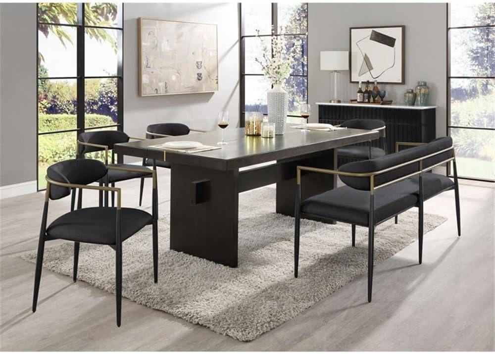 BOWERY HILL Chenille Upholstered Bench, 62 in Wide, Black Finish, Gold Metal Armrests, Padded Seat and Back, 6 Metal Legs, Weathered Vintage Style, Solid Wood for Living Room, Dining Room, or Bedroom