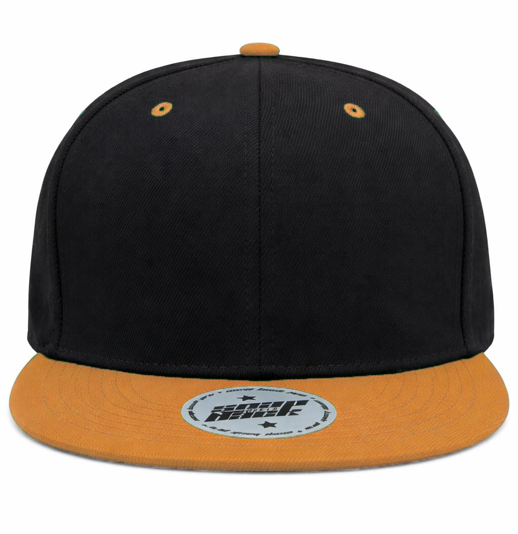 Flat Brim Snapback Cap – Adjustable Unisex Baseball Hat, Classic Streetwear Hip Hop Style (Black-Gold)