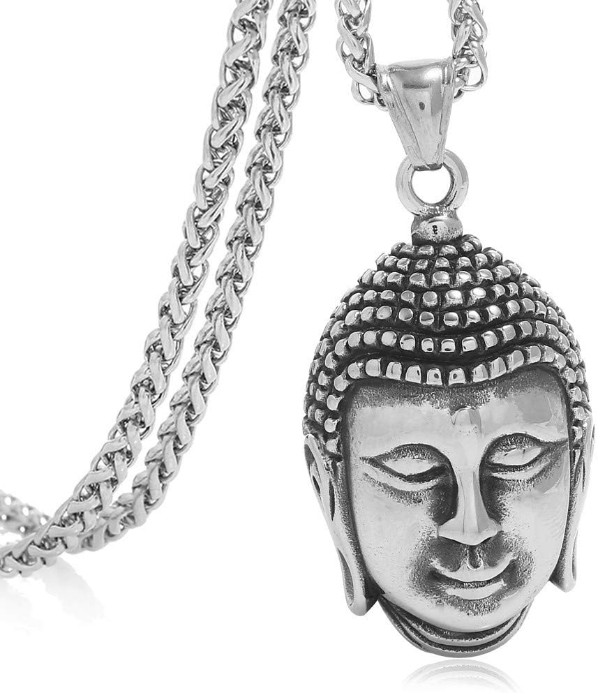 FIZIZDH Men's Stainless Steel Calm Meditating Buddha Head Pendant Necklace, Unisex, 24 inch Keel Link Chain