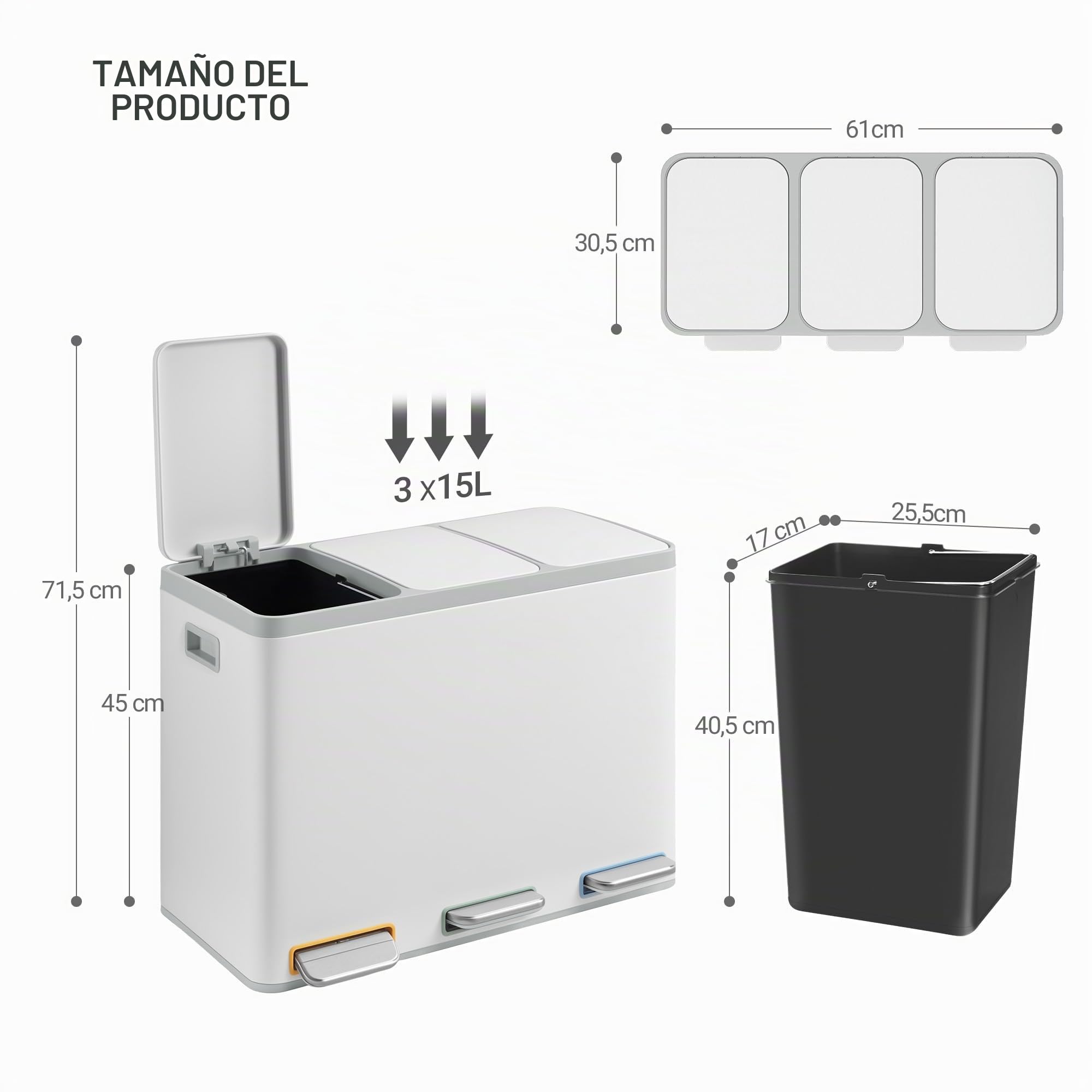 Hzuaneri Cubo de Basura para Reciclaje, Cubos de Reciclaje Cocina con Pedal 3 x 15 L, Contenedor de Acero Inoxidable con Cubos Extraíbles y 1 Rollo de Bolsas de Basura, Blanco SW04599W