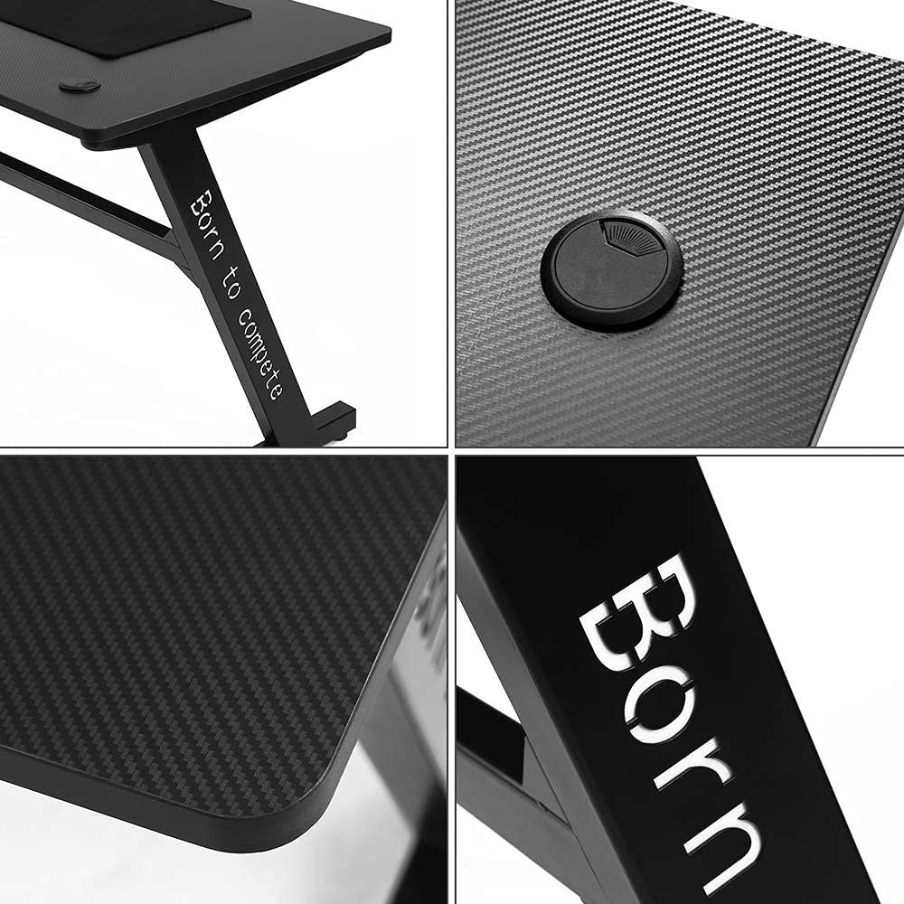 BAKAJI Bureau Gaming Porte-PC avec lumières LED RGB Changement de Couleur Structure Métal Plateau Bois Texture Fibre de Carbone avec Tapis Souris Mousepad Inclus 120 x 60 x 73 cm Jeu Online