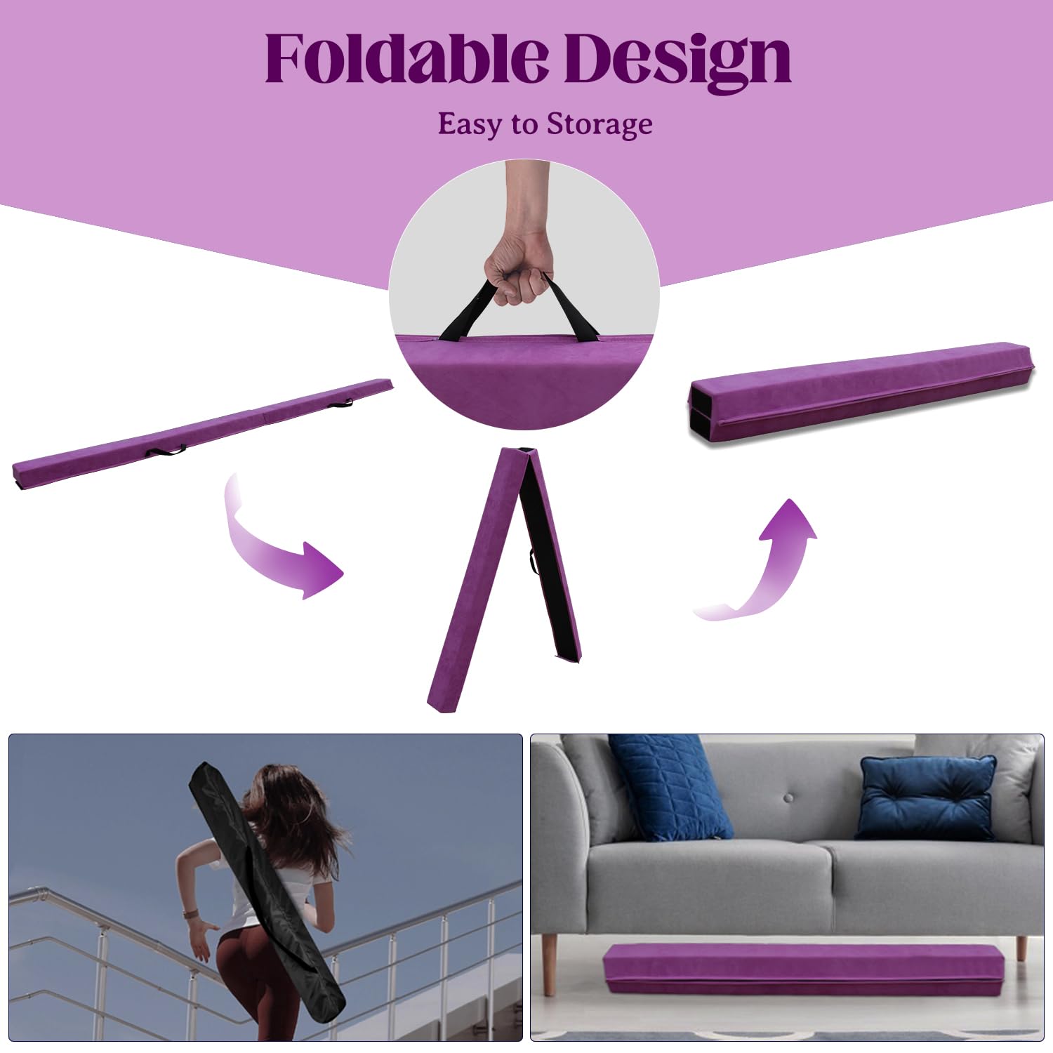 Poutre Gymnastique Pliable 240/270/300 cm, Poutre de Gymnastique Entraînement Portative pour Enfants et Adultes, Poutre d'equilibre vec Sac de Transport, pour débutants et Gymnastes Professionnels
