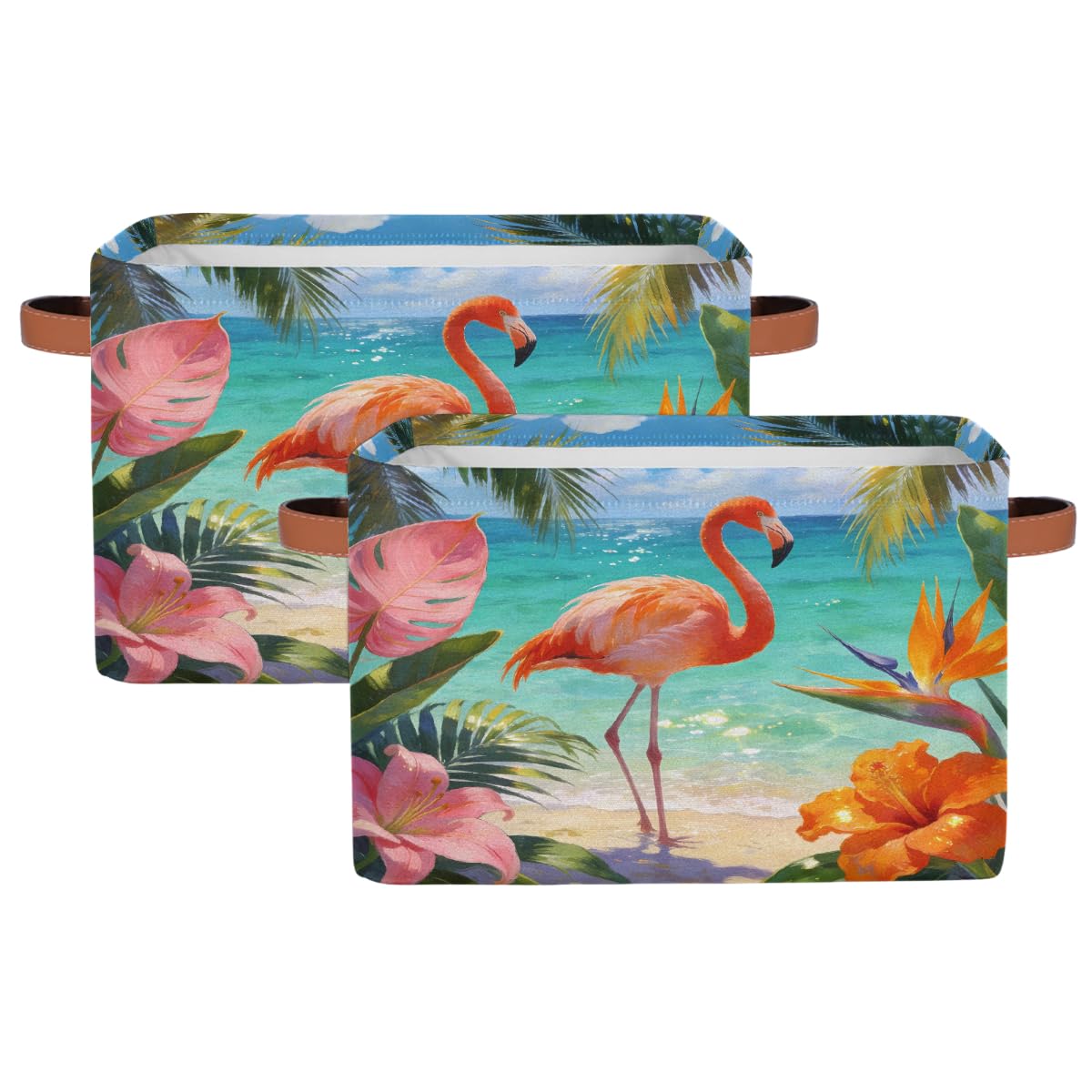 Summer Beach Flamingo Rechteckiger Aufbewahrungskorb mit Ledergriffen, 2 Stück, faltbarer Stoff-Aufbewahrungskorb für Schrank, Badezimmer, Wohnzimmer, Büro, Spielzeug, Organizer, Wäschekorb