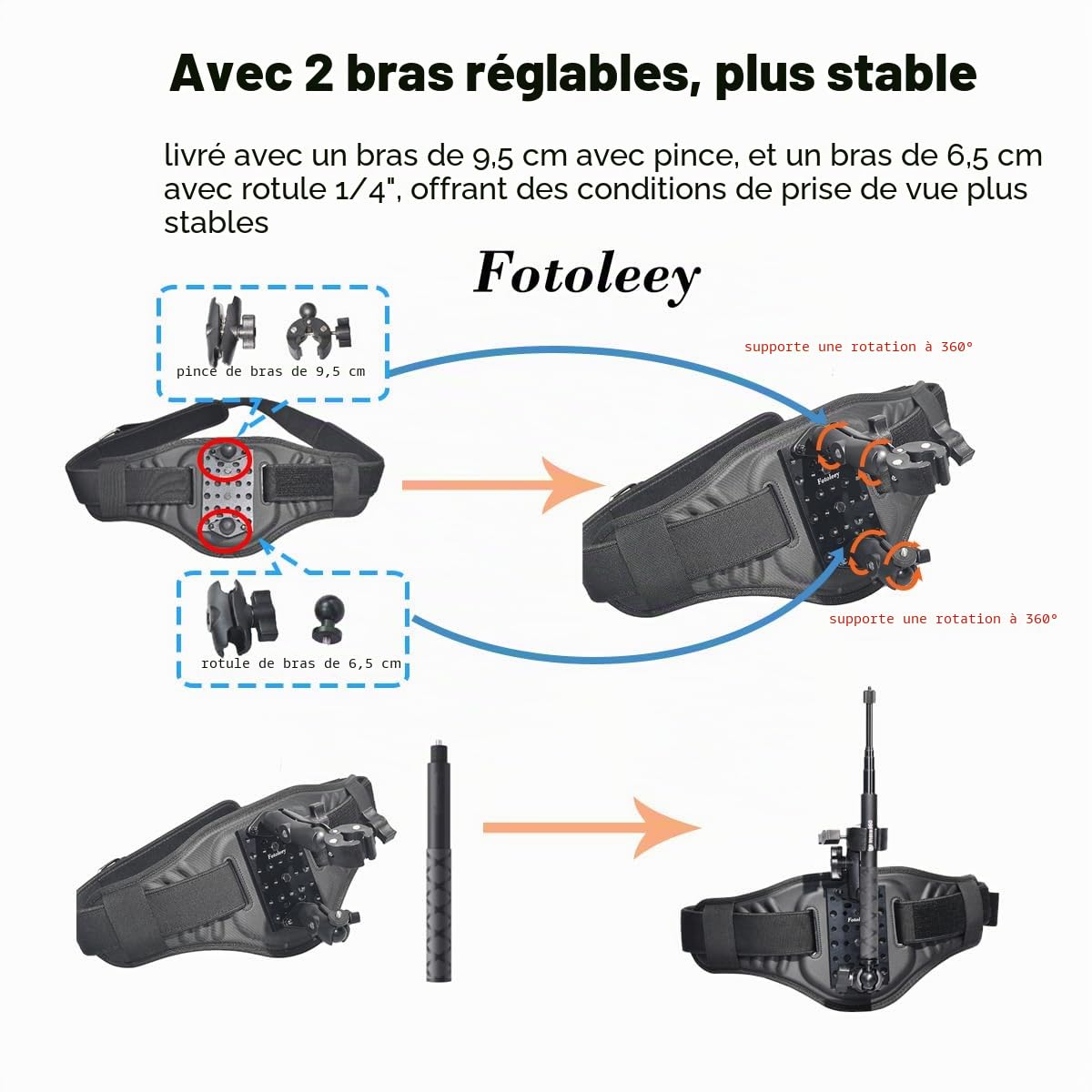 Waist Mount Back Bar Barre arrière pour Insta360 X5/ X4, X3, One RS, Ace Pro, GoPro Hero 12, Max (Barre d'extension Non Incluse)